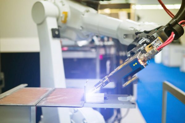 Automatic welding robot in a modern factory